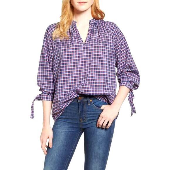 Madewell Blue Red Tie-Sleeve Linen Blend Top in Plaid Size - M - Picture 2 of 9